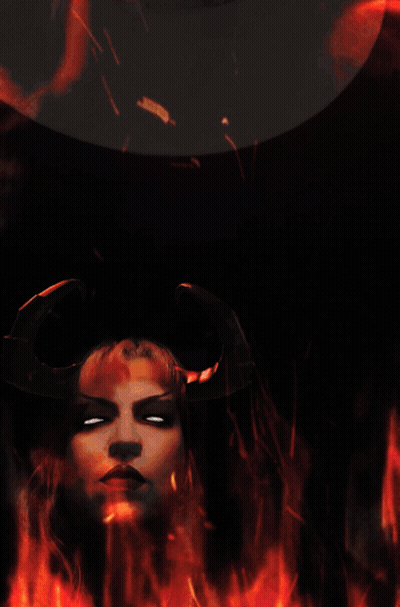 A Painting Of A Woman With Flames Behind Her And The Website Www.mightylancergames.co.uk At The Bottom GIF