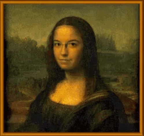A Painting Of A Woman With Glasses And Long Hair GIF