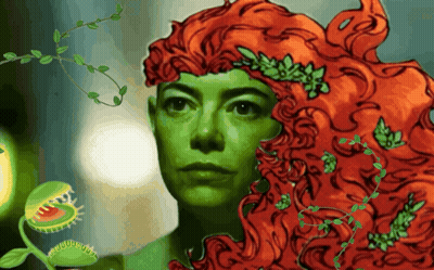 A Painting Of A Woman With Green Hair And A Carnivorous Plant Behind Her GIF