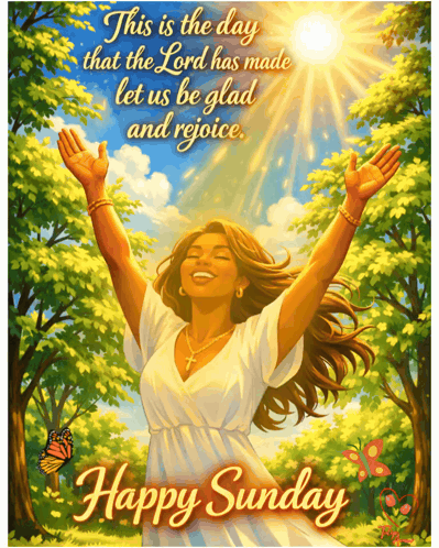 a painting of a woman with her arms outstretched with the words happy sunday