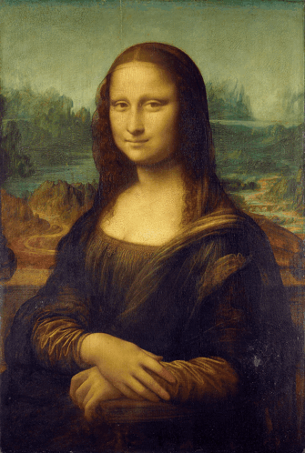 A Painting Of A Woman With Her Hands Folded In Front Of A Landscape GIF