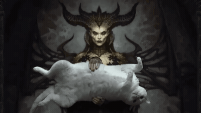 A Painting Of A Woman With Horns Holding A Cat GIF