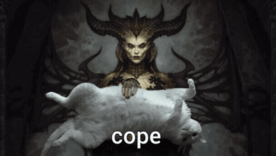 A Painting Of A Woman With Horns Holding A White Cat With Cope Written Below It GIF