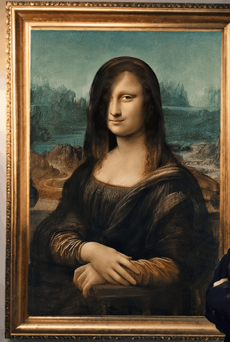 A Painting Of A Woman With Long Hair And A Gold Frame GIF