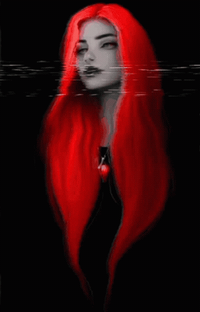 A Painting Of A Woman With Long Red Hair And A Heart Necklace GIF