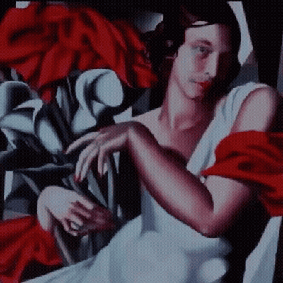 A Painting Of A Woman With Red Flowers Behind Her GIF