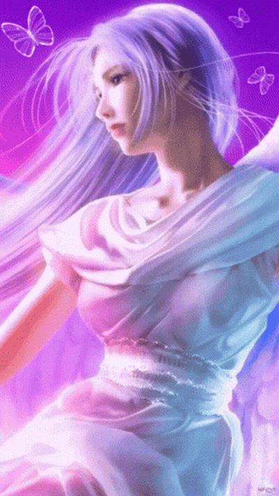 A Painting Of A Woman With White Hair And Butterflies Flying Around Her GIF