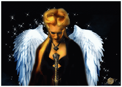 A Painting Of A Woman With White Wings And A Necklace With The Letter A On It GIF