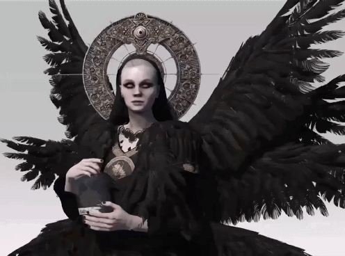 A Painting Of A Woman With Wings And A Circle Around Her Head GIF