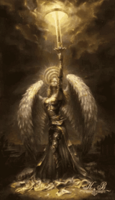 A Painting Of A Woman With Wings Holding A Sword And A Light GIF