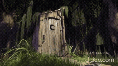 A Painting Of A Wooden Outhouse With The Letter C On It GIF