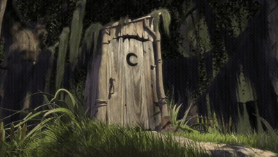 A Painting Of A Wooden Outhouse With The Letter C On It GIF