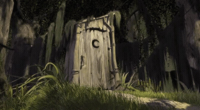 A Painting Of A Wooden Outhouse With The Letter C On It GIF