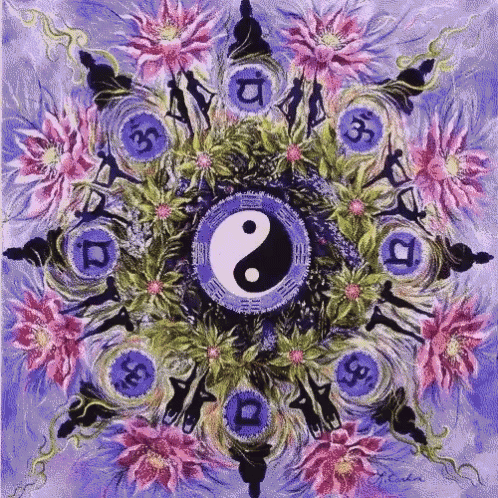 A Painting Of A Yin Yang Symbol Surrounded By Pink Flowers GIF
