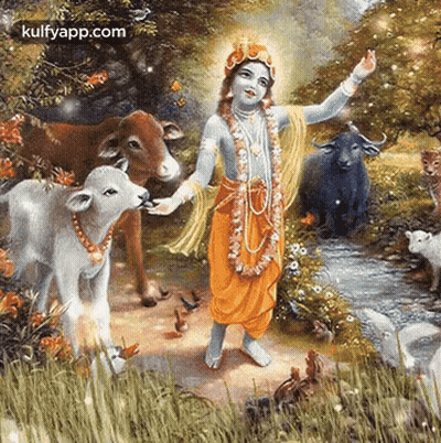 A Painting Of A Young Boy Surrounded By Cows And Sheep . GIF