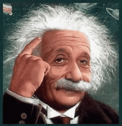 A Painting Of Albert Einstein With A Mustache Pointing At His Head . GIF