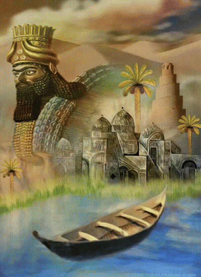 a painting of an ancient city with a boat in the foreground
