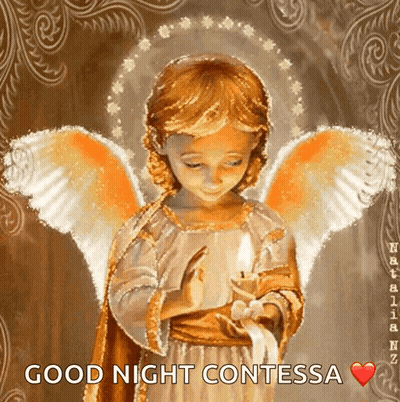 A Painting Of An Angel Holding A Candle With The Words " Good Night Contessa " GIF