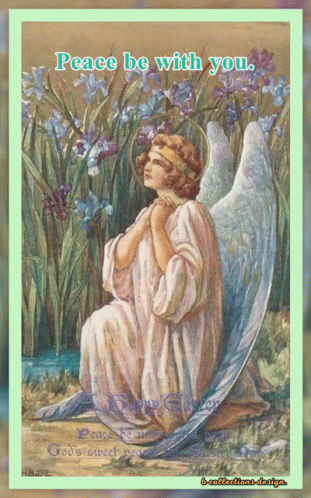 A Painting Of An Angel With The Words Peace Be With You On The Bottom GIF