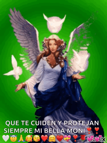 A Painting Of An Angel With The Words Que Te Cuiden Y Protejan Siempre Mi Bella Moni Written Below It GIF