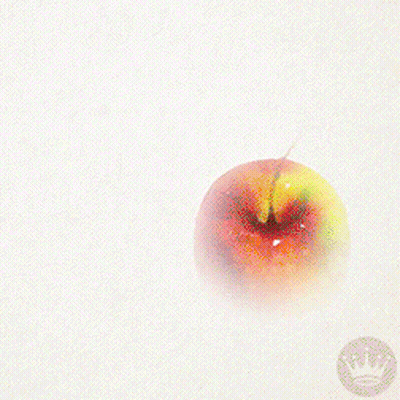 A Painting Of An Apple With A Green Leaf On A White Background GIF
