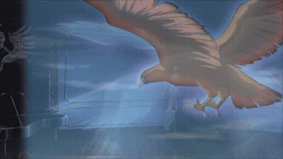 A Painting Of An Eagle Flying In A Dark Room GIF