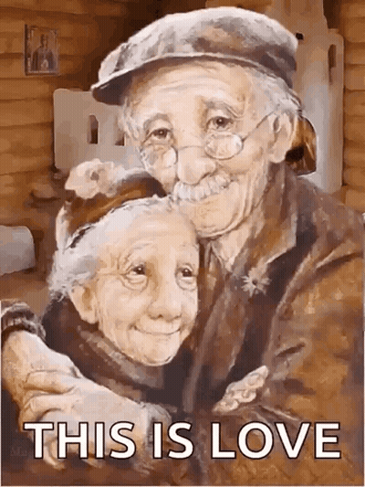 A Painting Of An Elderly Couple Hugging Each Other With The Words `` This Is Love '' . GIF