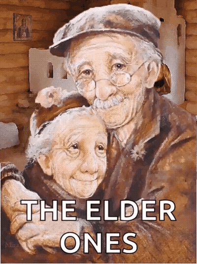 A Painting Of An Elderly Couple With The Words " The Elder Ones " On The Bottom GIF