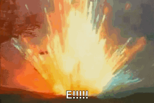 A Painting Of An Explosion With The Words E !!! On The Bottom GIF