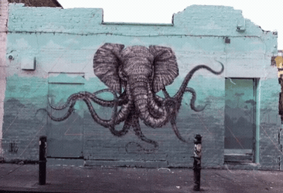 A Painting Of An Octopus Holding An Elephant 'S Head GIF
