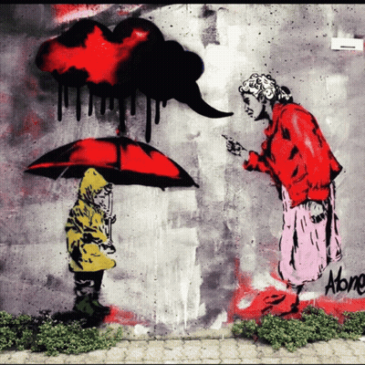 A Painting Of An Older Woman Talking To A Young Boy With An Umbrella GIF