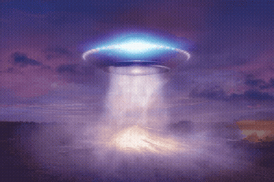 A Painting Of An Ufo Flying Over A Field At Night GIF