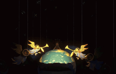 A Painting Of Angels And A Globe With A Chandelier GIF