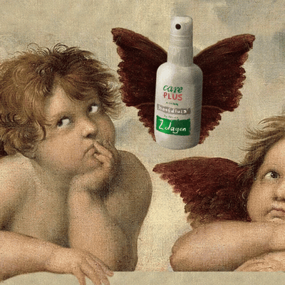 A Painting Of Angels With A Bottle Of Care Plus GIF