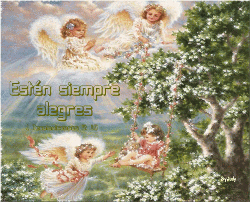 A Painting Of Angels With The Words Esten Siempre Alegres On The Bottom GIF