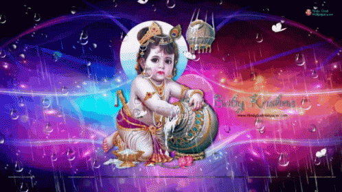 A Painting Of Baby Krishna On A Purple And Blue Background GIF
