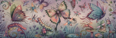A Painting Of Butterflies Mushrooms And Insects On A Blue Background GIF