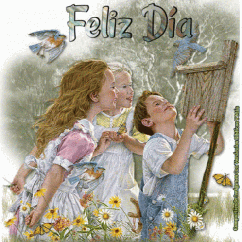 A Painting Of Children Looking At A Birdhouse With The Words Feliz Dia Written Above Them GIF