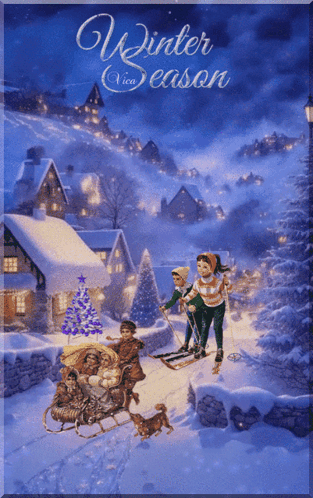 A Painting Of Children Skiing In The Snow With The Words Winter Season On The Bottom GIF