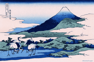 A Painting Of Cranes Standing In Front Of A Mountain And A River GIF