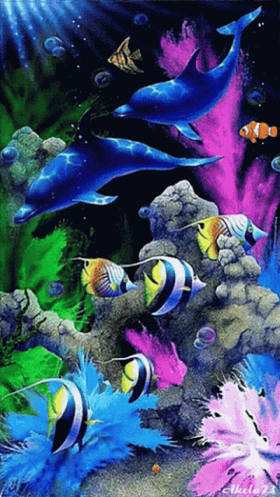 A Painting Of Dolphins And Clown Fish By Akela23 GIF