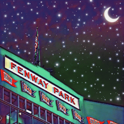 A Painting Of Fenway Park At Night With A Crescent Moon In The Background GIF