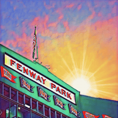 A Painting Of Fenway Park With The Sun Shining GIF