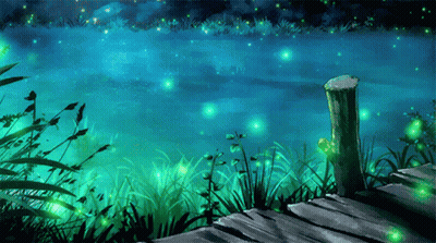A Painting Of Fireflies Flying Over A Lake With A Wooden Dock In The Foreground GIF
