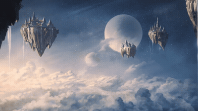 A Painting Of Floating Islands In The Sky With A Planet In The Background GIF