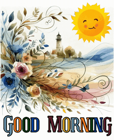 A Painting Of Flowers And A Lighthouse With The Words Good Morning Below It GIF