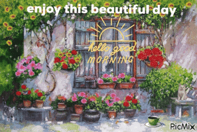 A Painting Of Flowers With The Words Enjoy This Beautiful Day Written On It GIF