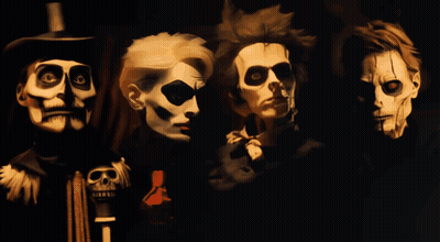 A Painting Of Four Skeletons With Skulls On Their Faces GIF