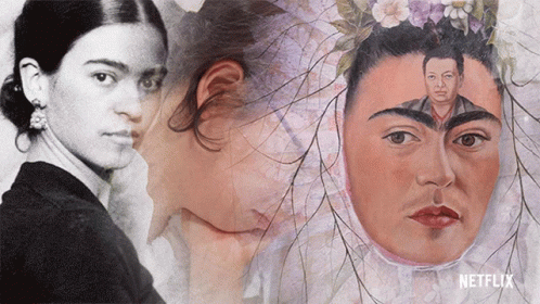 A Painting Of Frida Kahlo With A Netflix Logo On The Bottom Right GIF