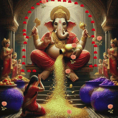 A Painting Of Ganesha Pouring Gold Into A Woman 'S Lap GIF